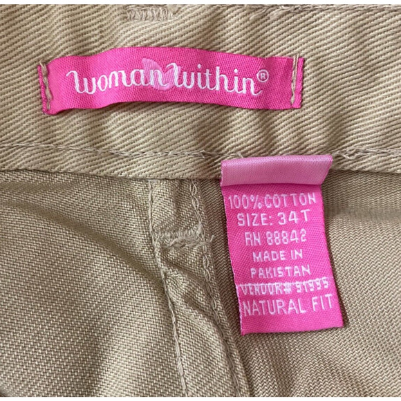 Woman Within 34T Tan Pants Chino Womens Cotton Flat Front Cropped Natural Fit - Picture 5 of 7